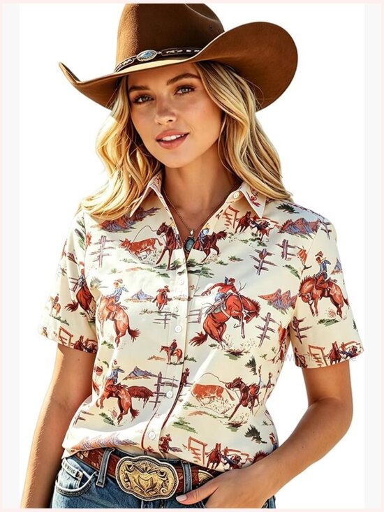 Tops - Women's Western Cowgirl Button Down Short Sleeve Blouse